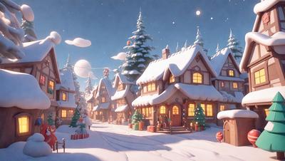 The primary subject of the image is a snow-covered village with houses and trees. The setting is a winter landscape, and the visual style is a digital art or illustration. The dominant colors are white and blue, creating a serene and cold atmosphere.